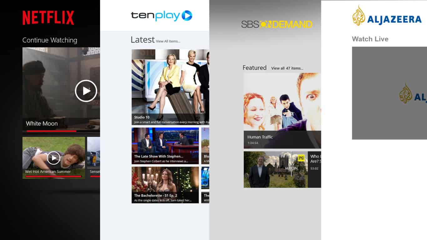 Windows Video Streaming Apps; Netflix, Ten Play, SBS On Demand, Aljazeera