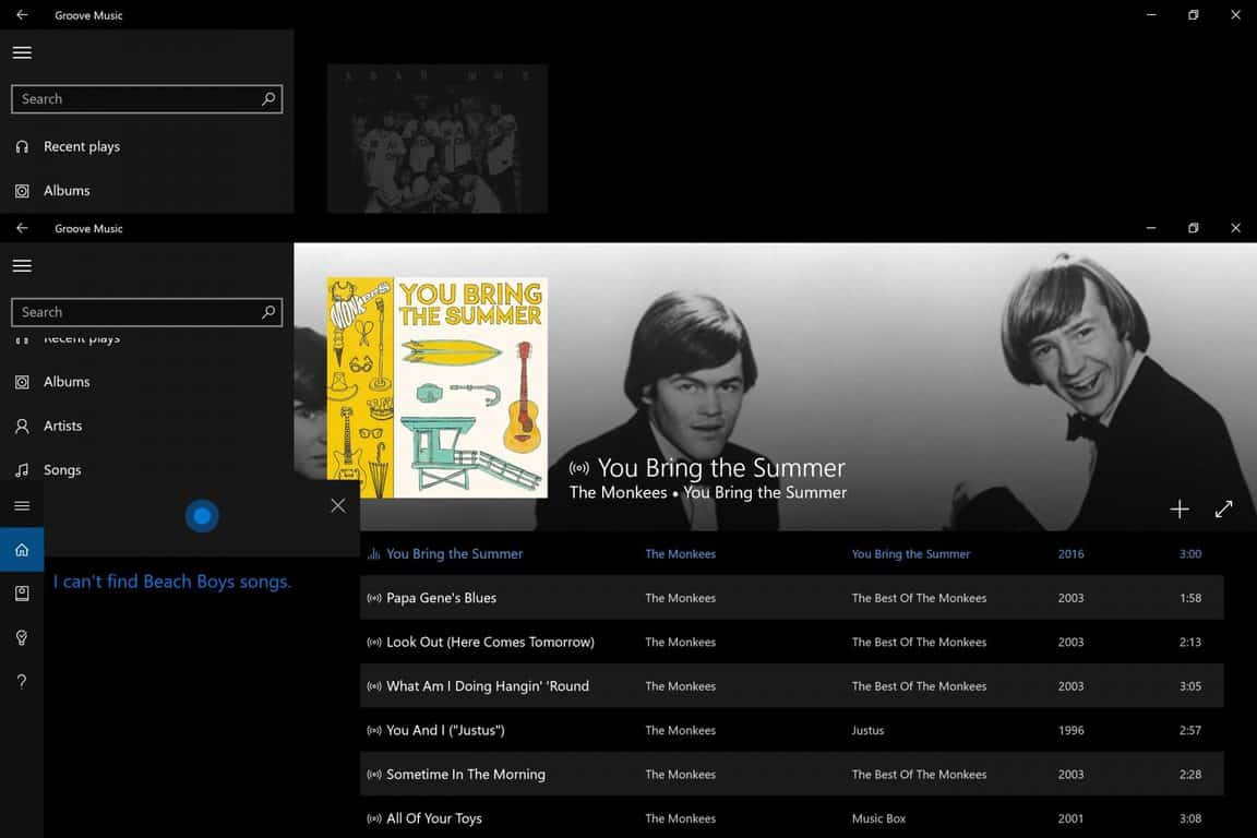 Groove Music, Cortana