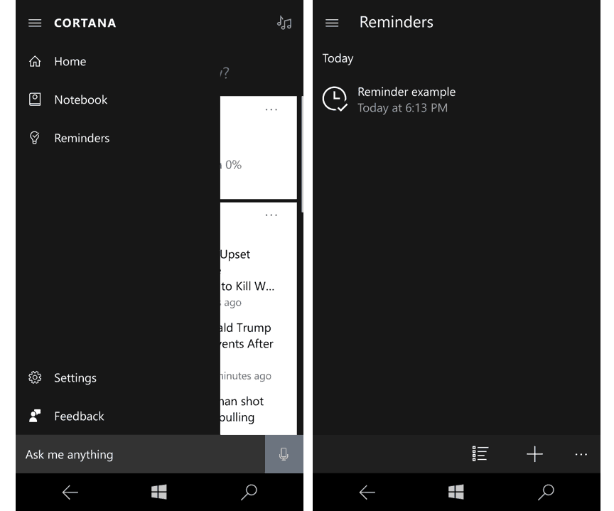 On Windows 10, Cortana reminders are hidden in the hamburger menu.