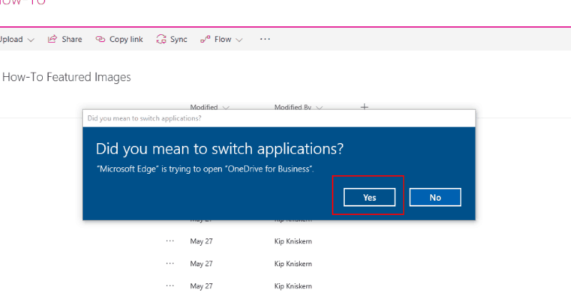 SharePoint showing the switch apps prompt from SharePoint