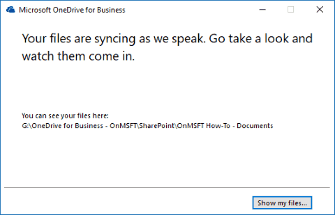 Screenshot showing OneDrive for Business sync client "we are syncing" screen