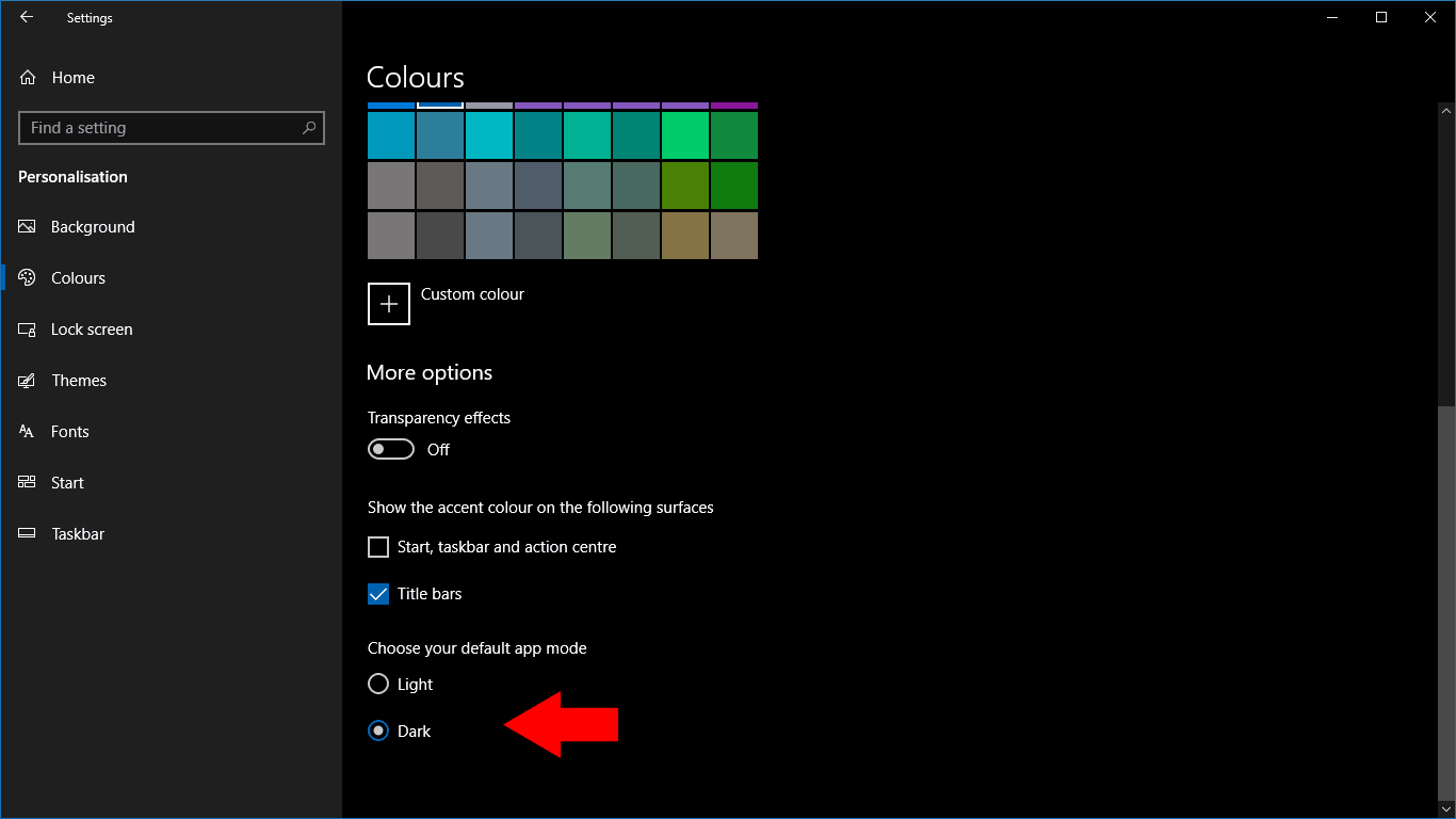 Setting Windows 10 colour scheme