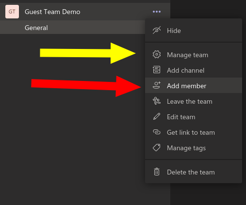 Screenshot of team options menu in Microsoft Teams