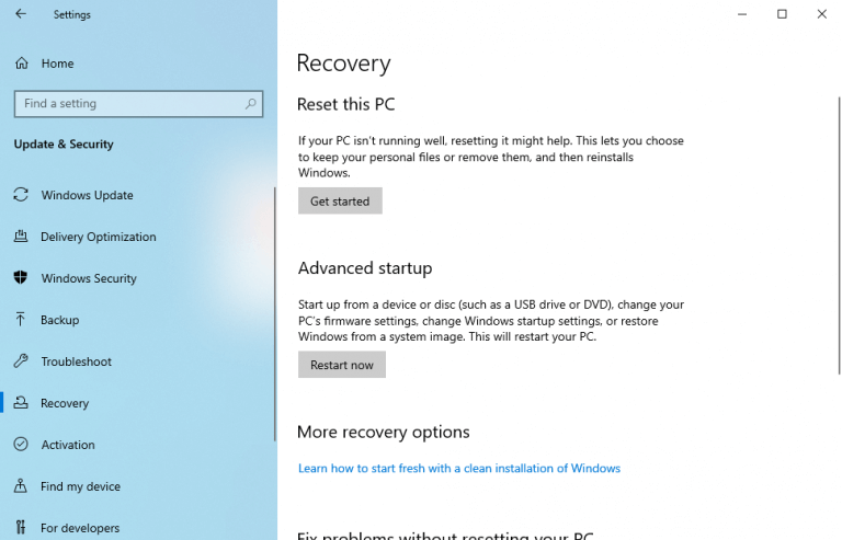 Windows factory reset settings