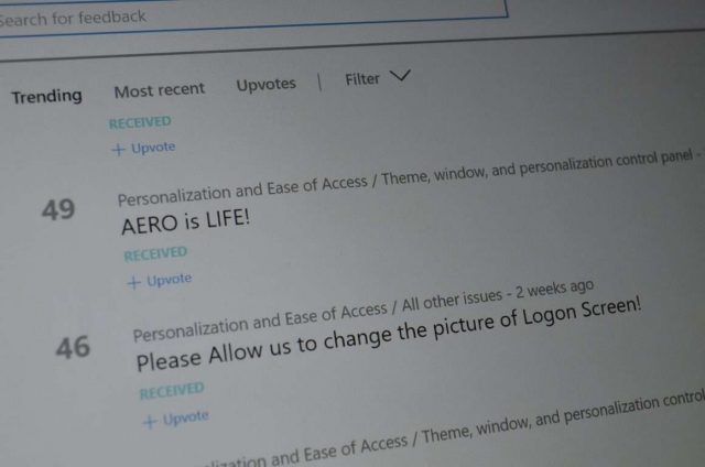 Windows 10 Feedback for Aero and login screen