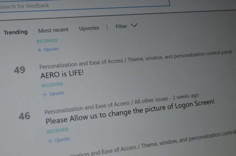 Windows 10 Feedback for Aero and login screen
