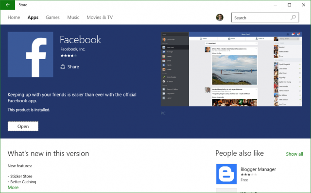 Blue Background on Facebook app page on the Windows Store