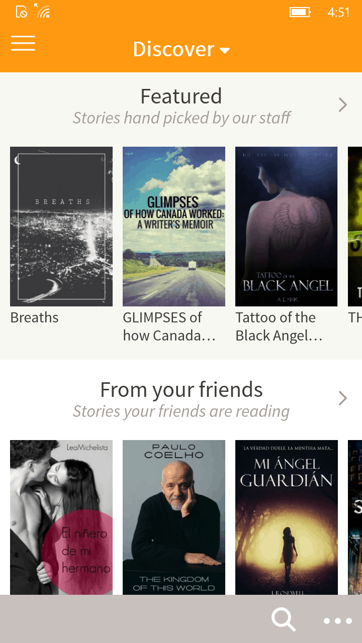 Wattpad Windows Phone App Home Screen