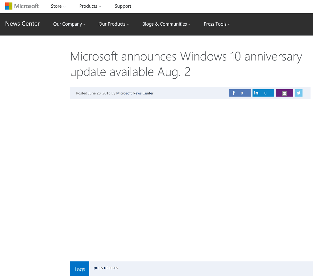 Anniversary Update press release
