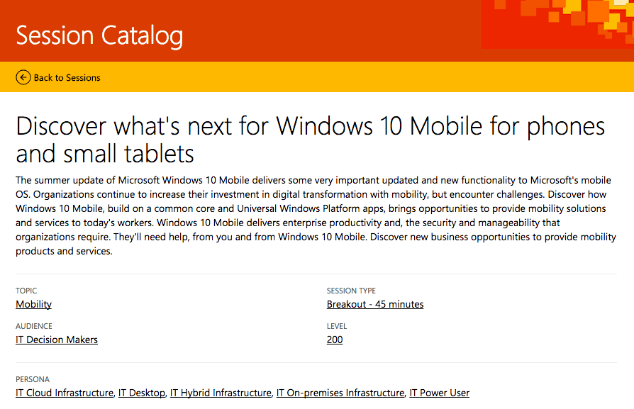 The session's description on the Ignite 2016 website.