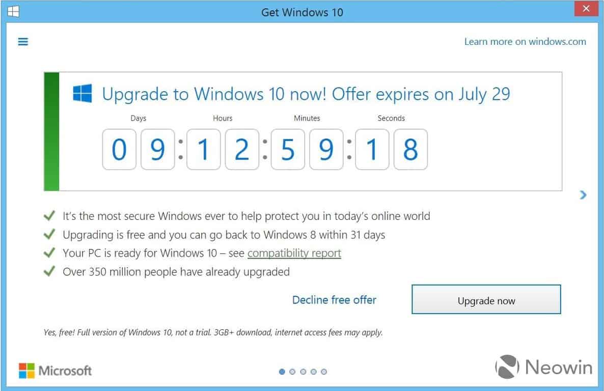 The "Get Windows 10" program now features a countdown to July 29 (credit: Neowin).