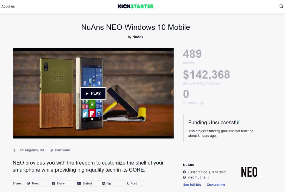The NuAns NEO Kickstarter page.