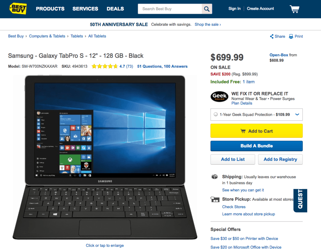 The Samsung Galaxy TabPro S on Best Buy.