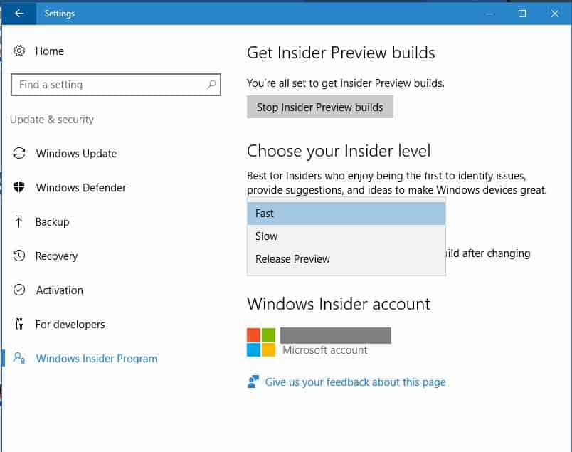 Windows Insider settings