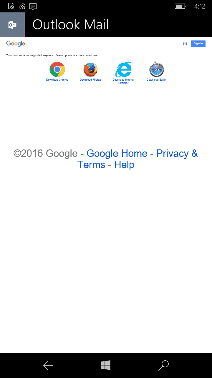 Gmail's sign-in web page doesn't support Microsoft Edge anymore.