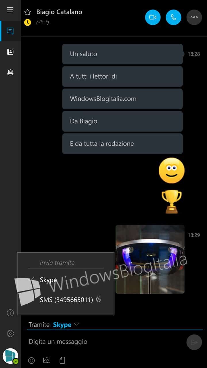 The app lets you switch between Skype messages and text messages.