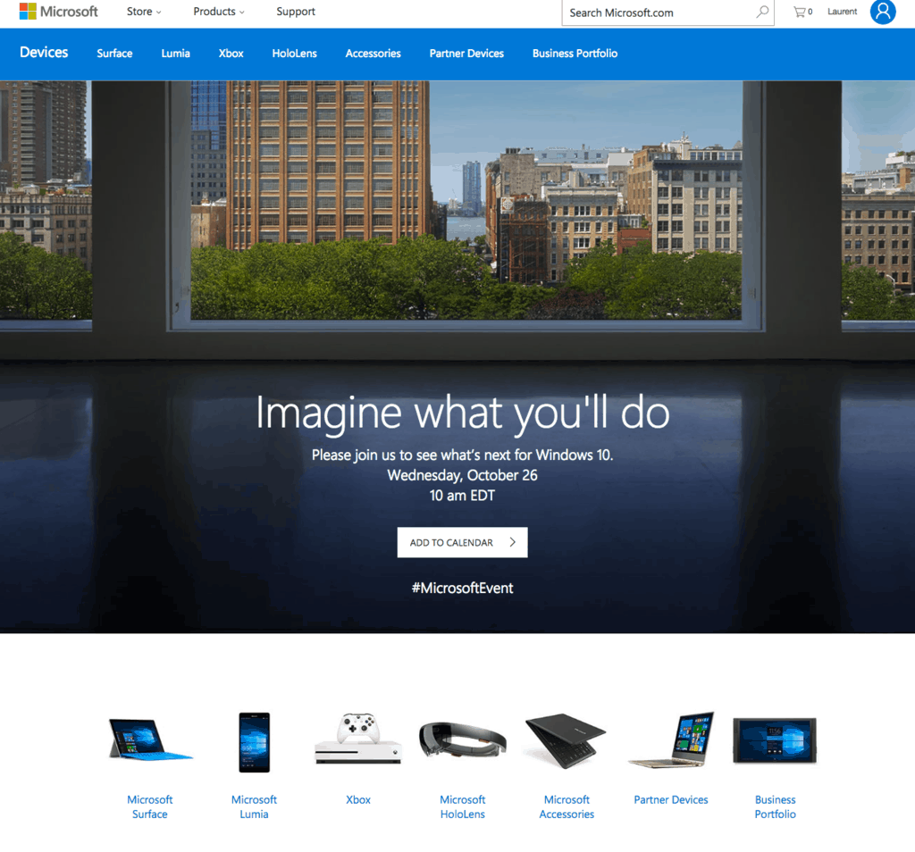 The main Microsoft website is also advertising the upcoming event.