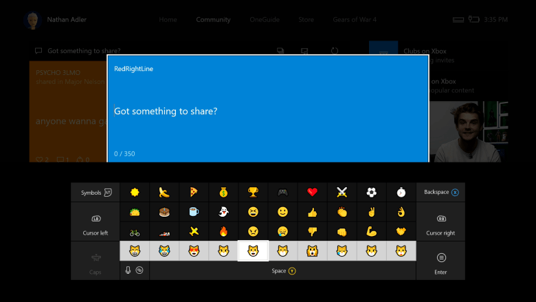 Emojis on the Xbox One virtual keyboard.