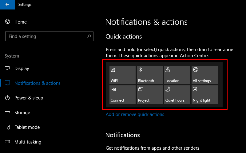 Screenshot of the Notifications and actions Windows 10 settings screen