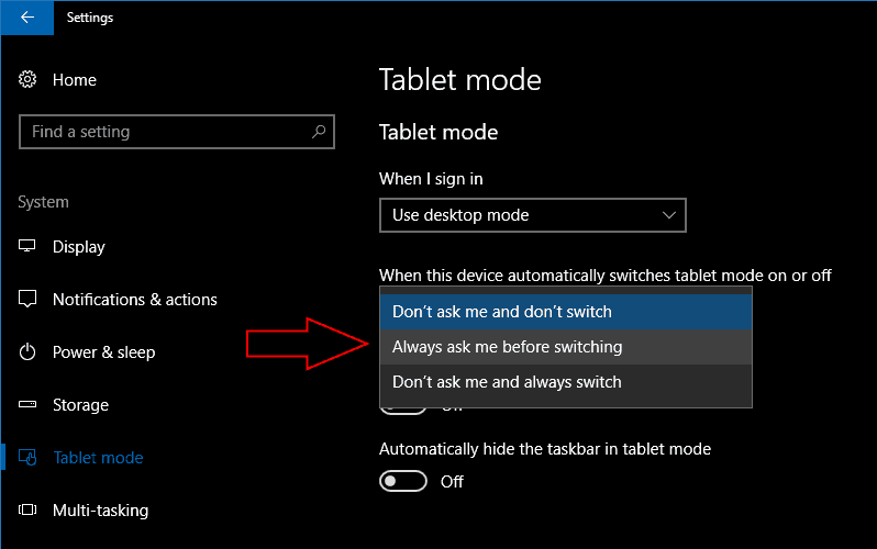 Screenshot of Windows 10 tablet mode setting to change Continuum behaviour