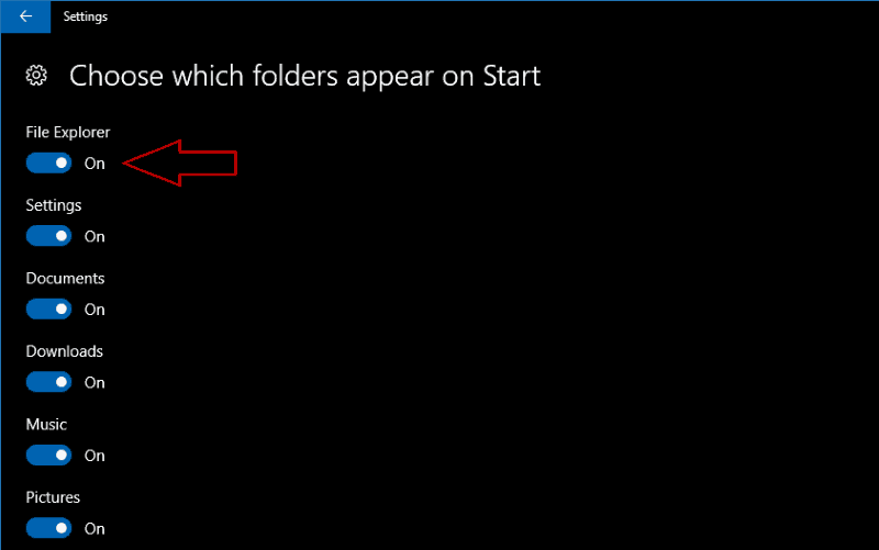 Screenshot of Windows 10 choose Start folders screen