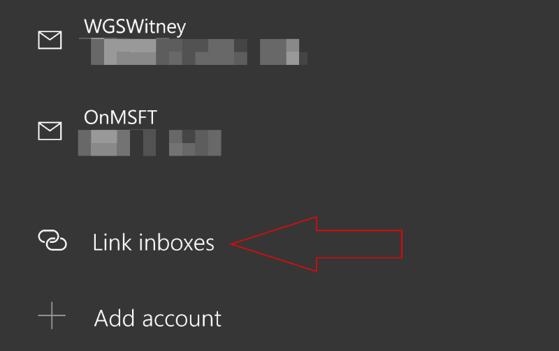 Screenshot of "Link inbox" option in Windows 10 Mail Manage Accounts screen