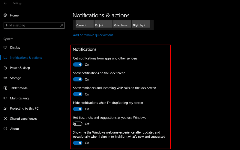 Screenshot of the Notifications and actions Windows 10 settings screen