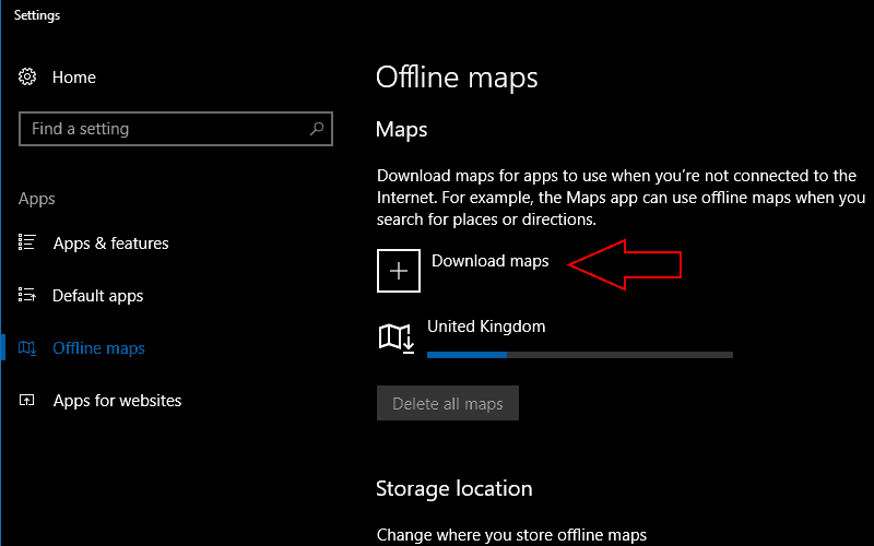 Screenshot of Windows 10 offline maps settings screen