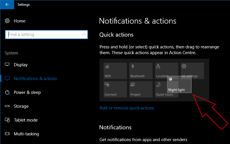 Screenshot showing rearranging Windows 10 Quick Actions