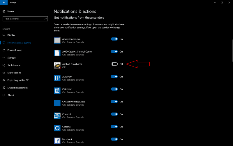 Screenshot of the Notifications senders Windows 10 settings screen