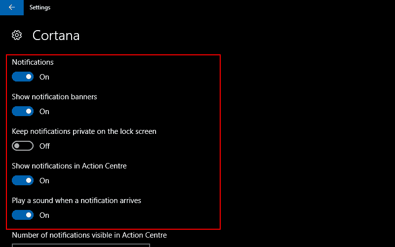 Screenshots of Windows 10's per-app notification settings
