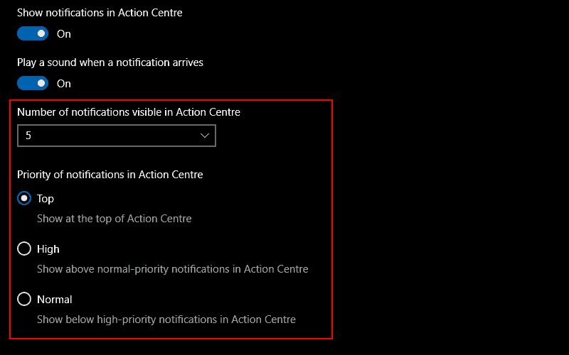 Screenshots of Windows 10's per-app notification priority settings