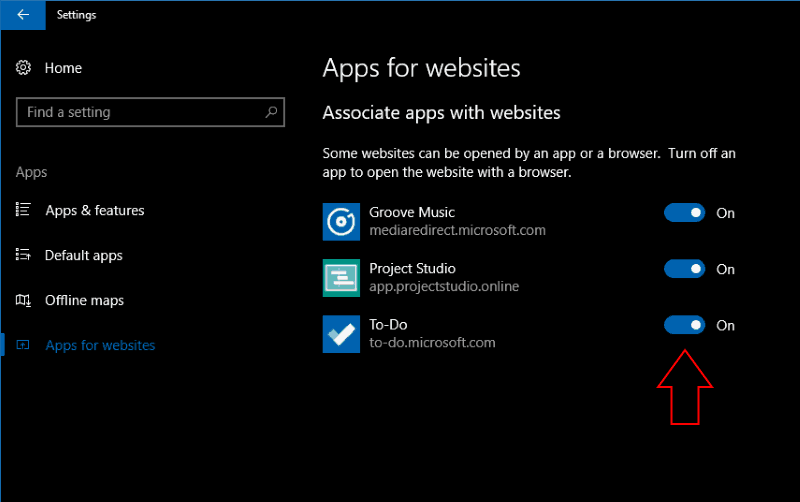 Screenshot of Windows 10 Apps for Websites