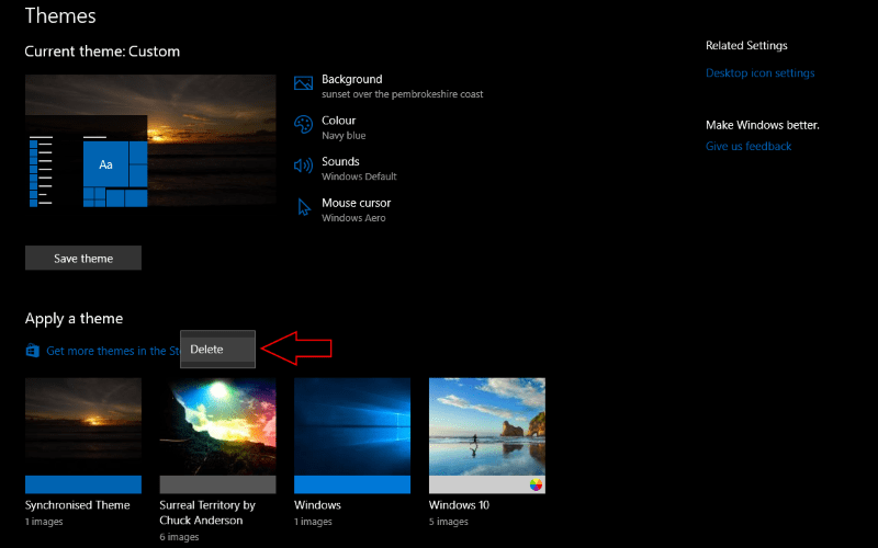 delete windows 10 themes