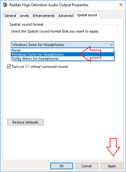 Screenshot of Windows 10 Dolby Atmos settings