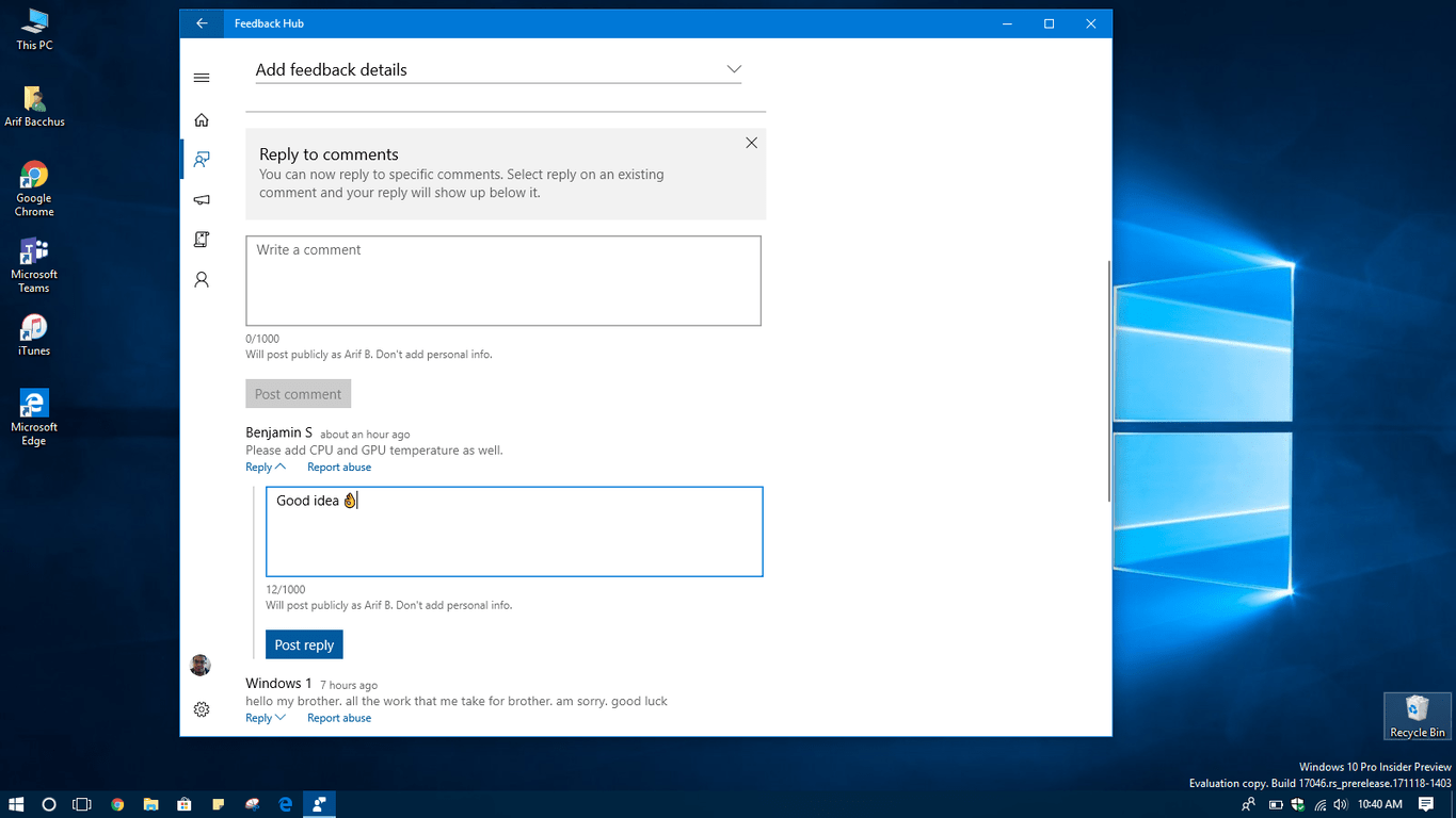 Windows 10 Feedback Hub picks up comment reply feature