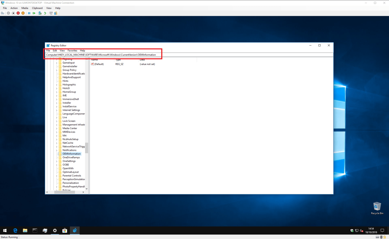 Screenshot of editing Windows 10 OEM information in the registry