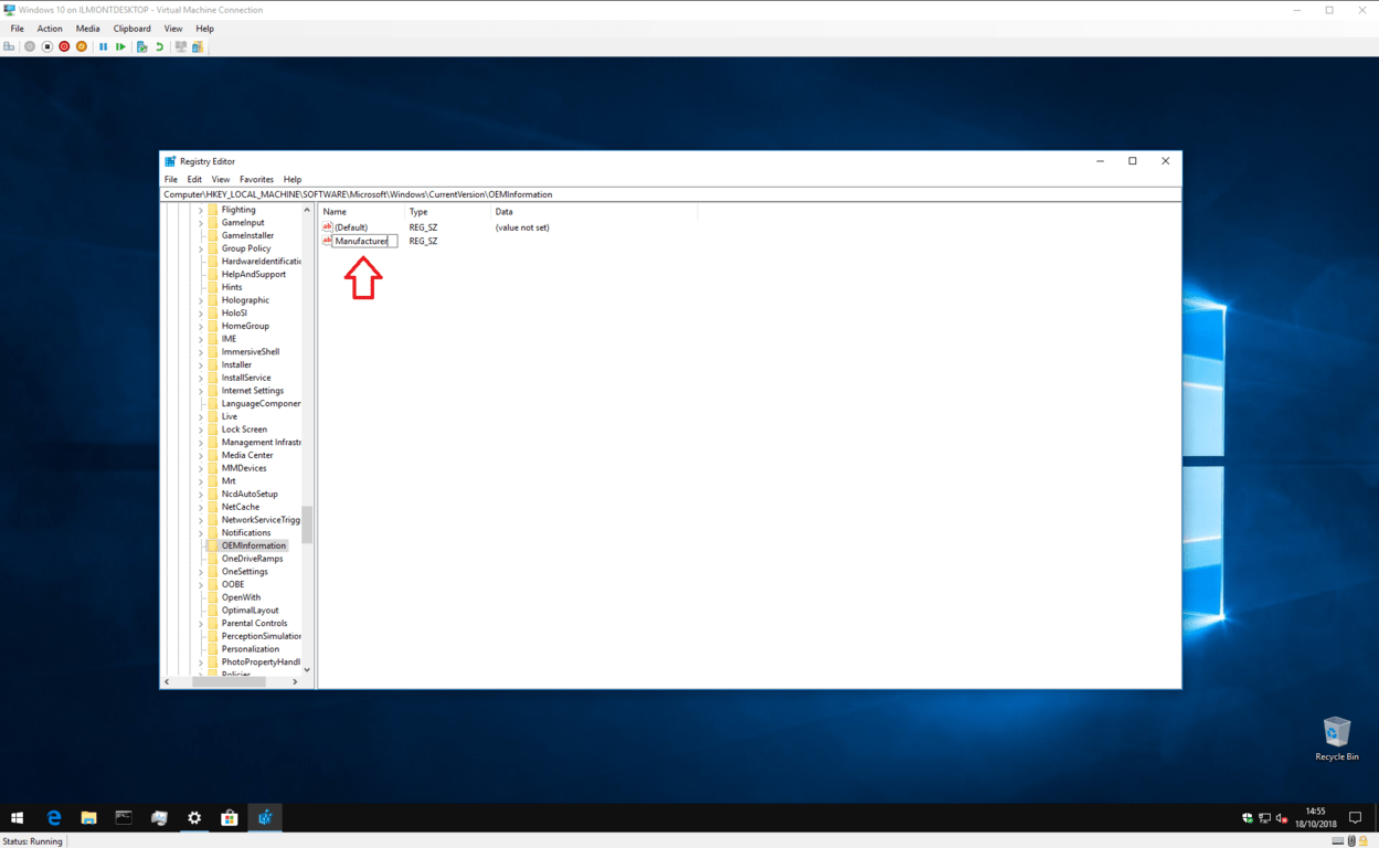 Screenshot of editing Windows 10 OEM information in the registry