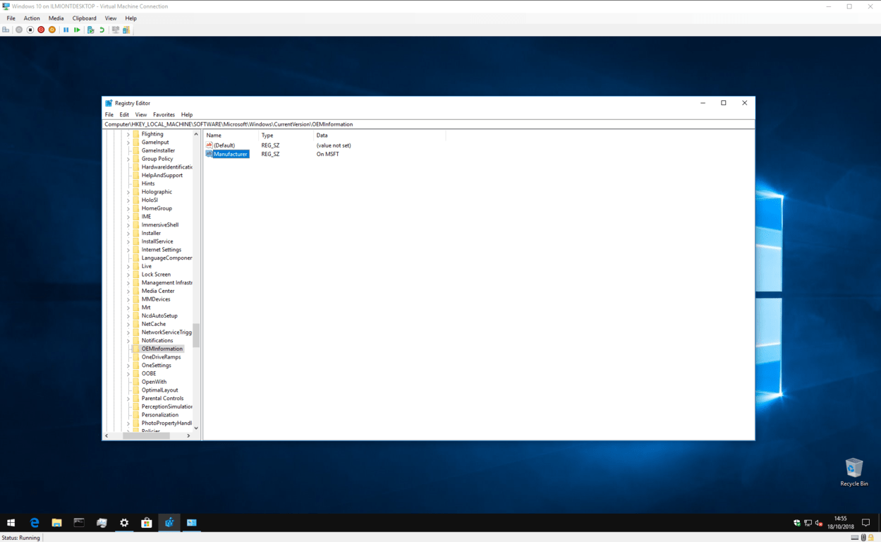 Screenshot of editing OEM information in the registry