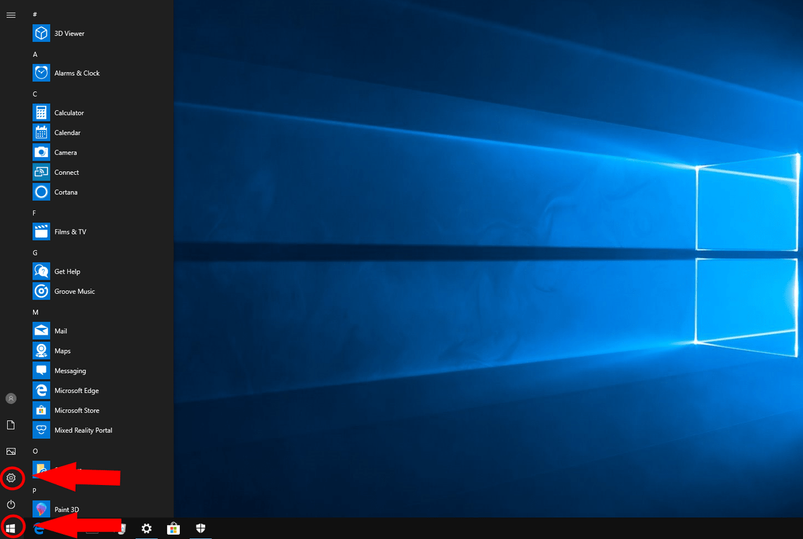 Windows 10 Settings link in Start menu screenshot