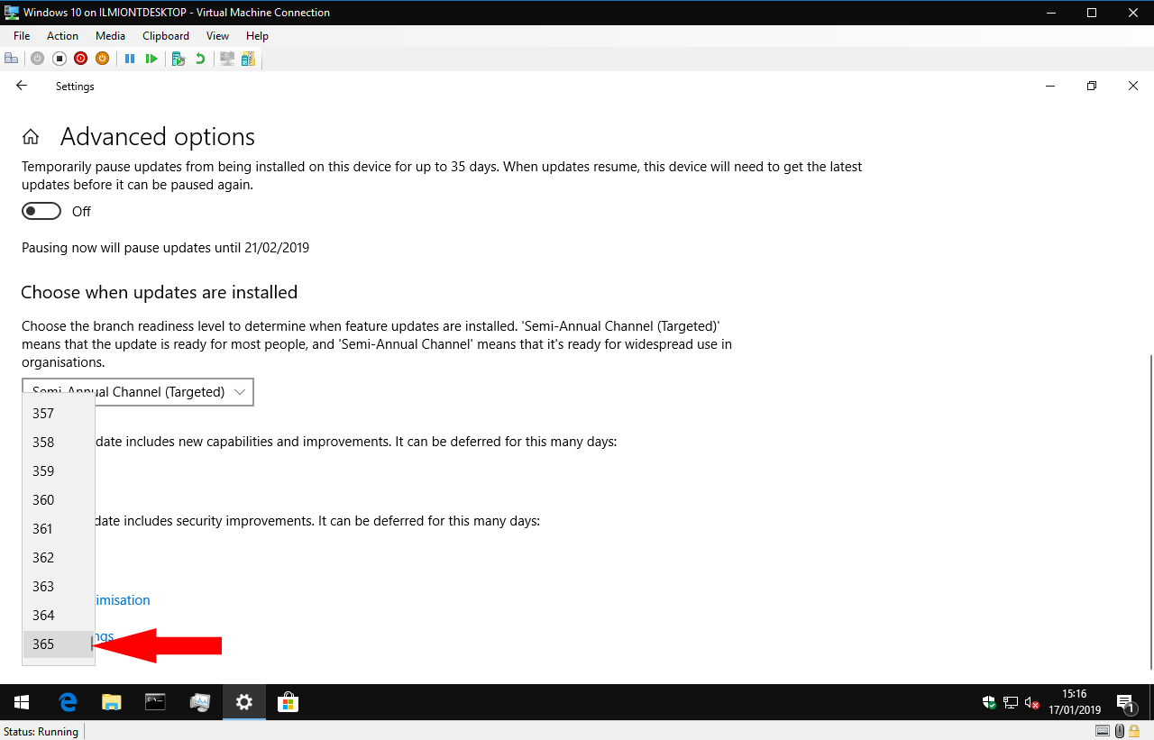 Pausing updates in Windows 10 1809