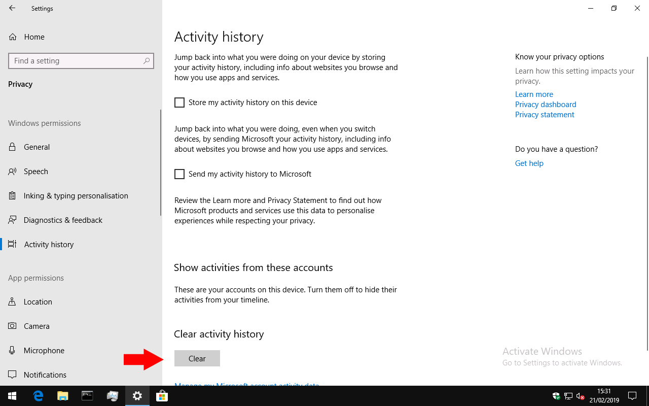 Screenshot of Windows 10 Activity History settings