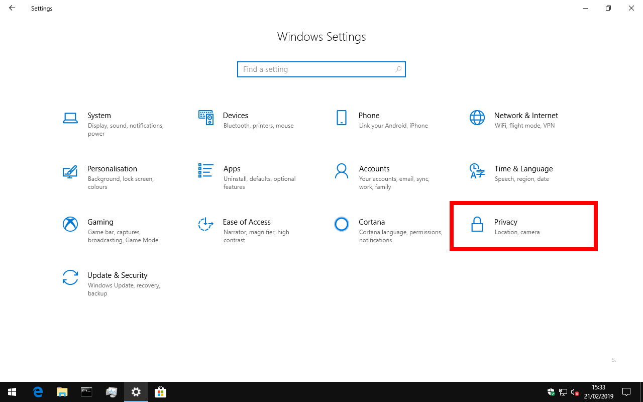 Windows 10 privacy settings category on settings app homepage