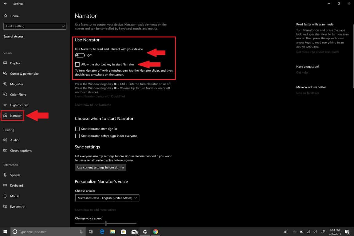 turn off narrator on windows 10