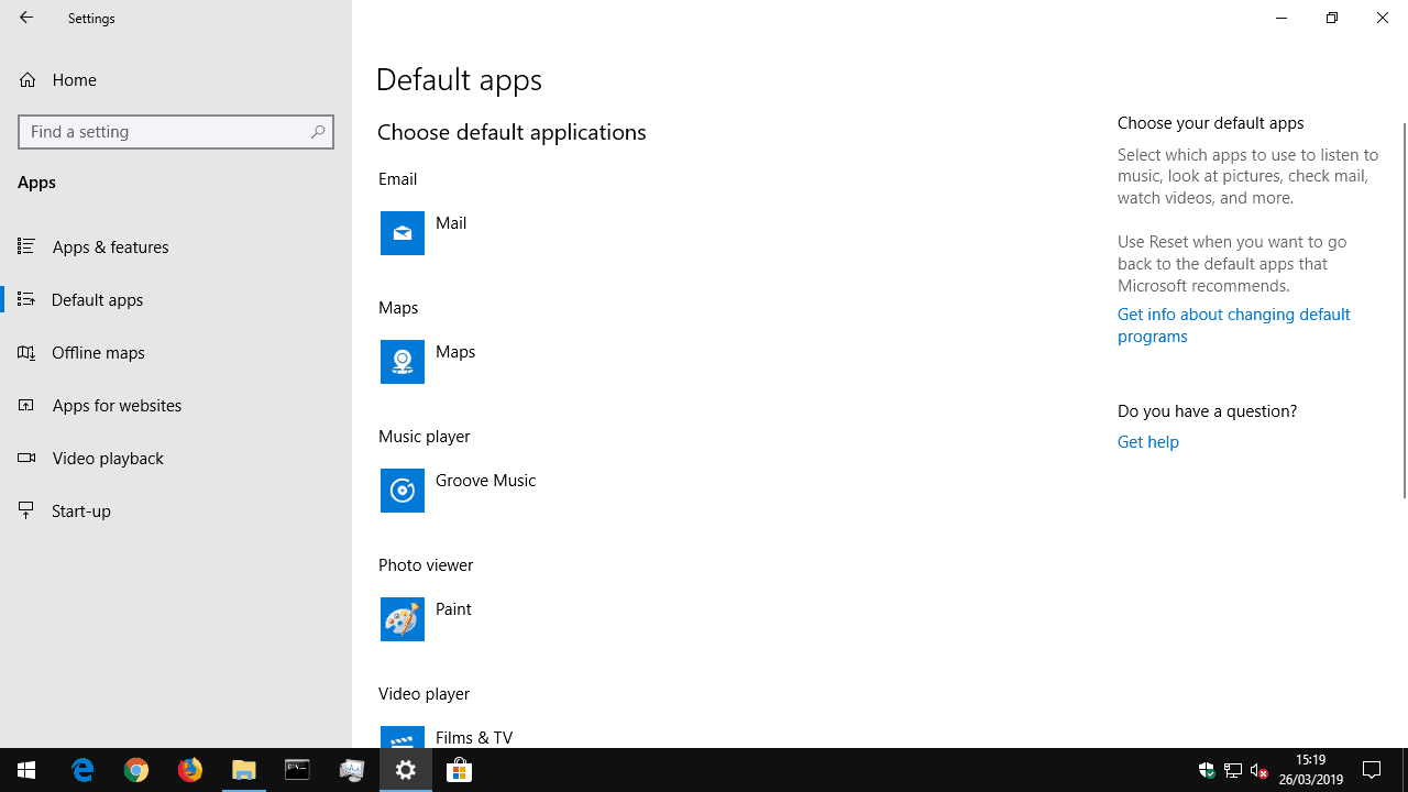 Setting default apps in Windows 10