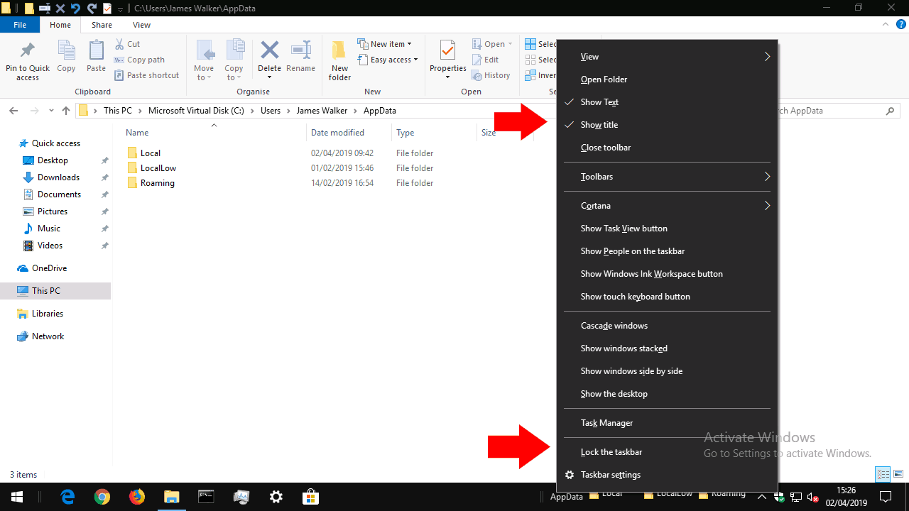 Windows 10 taskbar toolbar creation