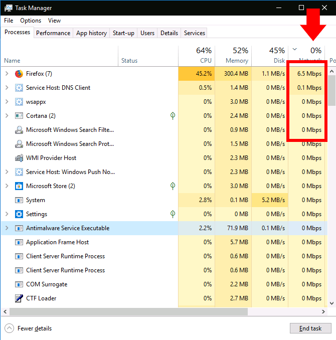 Monitoring network activity in Task Manager