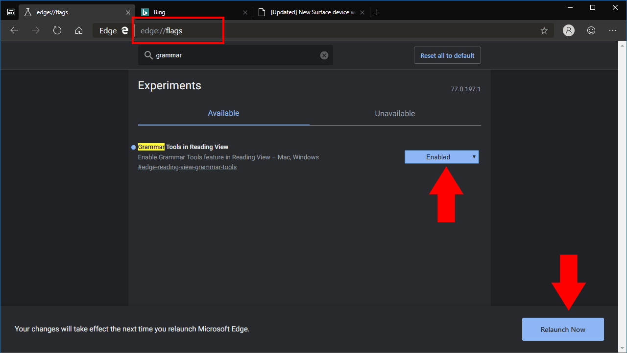Screenshot of enabling grammar tools in Microsoft Edge Insider