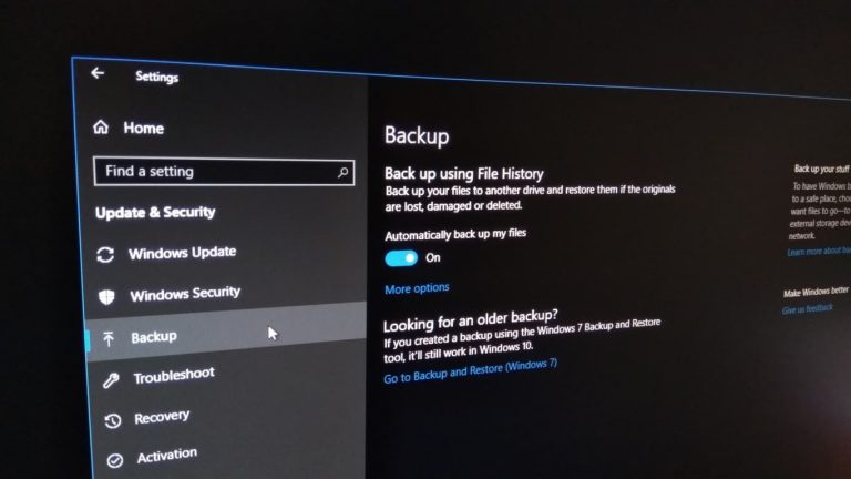Photo of File History settings in Windows 10