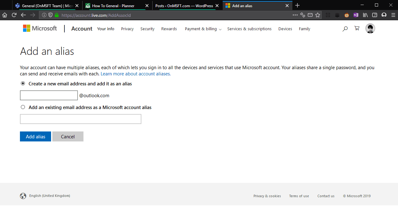 Screenshot of adding an alias to a Microsoft account